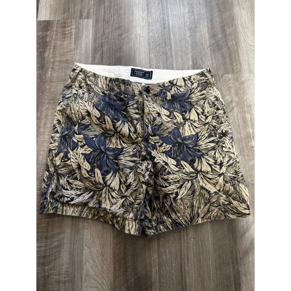 Abercrombie & Fitch Mens Floral Chino Shorts Blue Tan Tropical Leaf Stretch 32